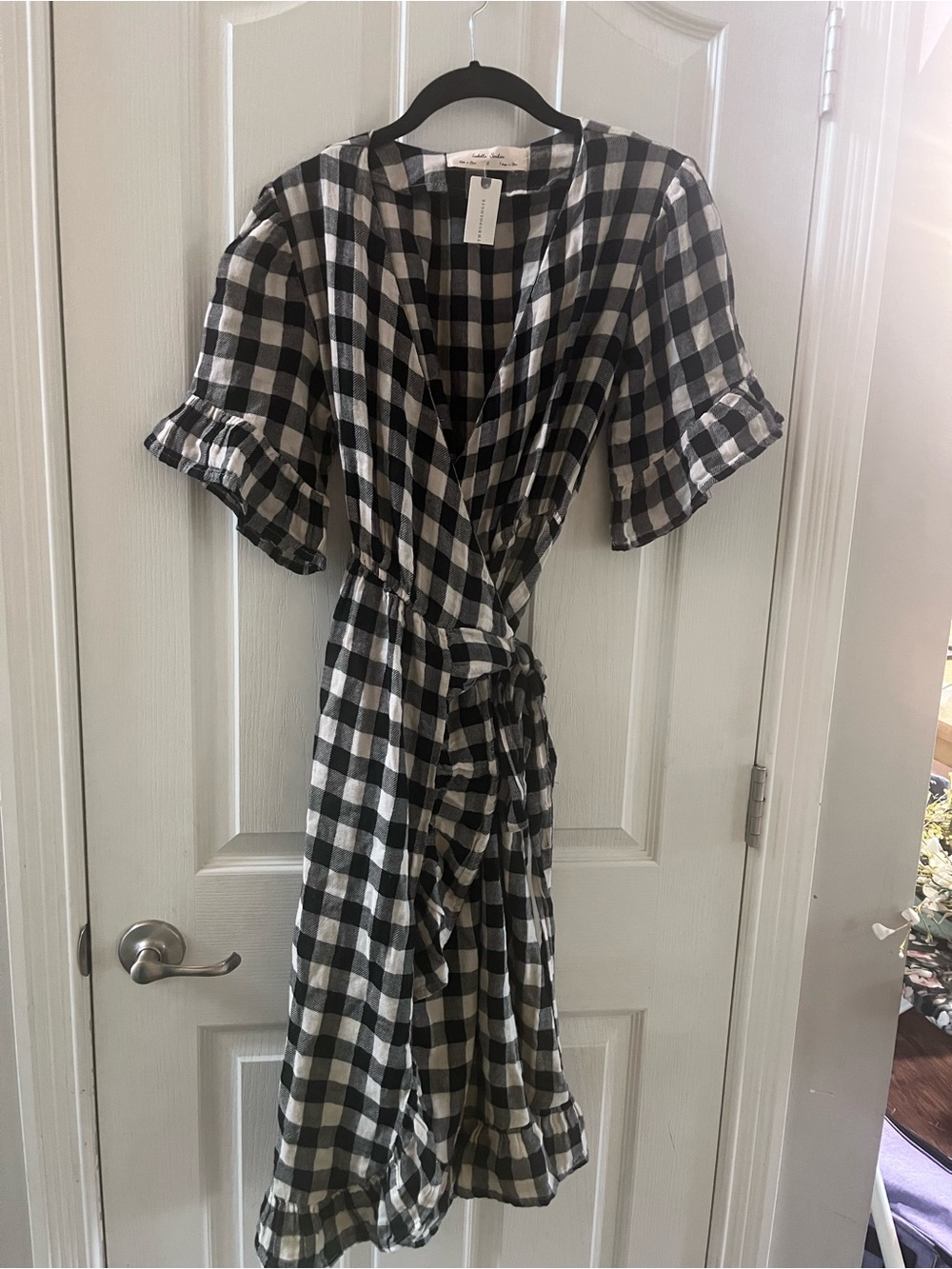Anthropologie Black and White Gingham Midi Wrap Dress